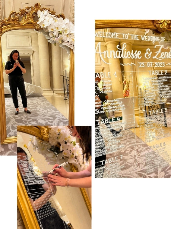 Réalisation d'un plan de table sur un miroir pour un mariage luxueux