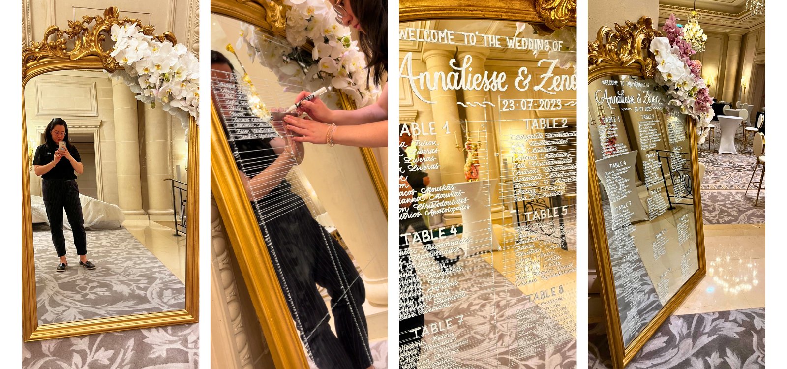 Réalisation d'un plan de table sur un miroir pour un mariage luxueux