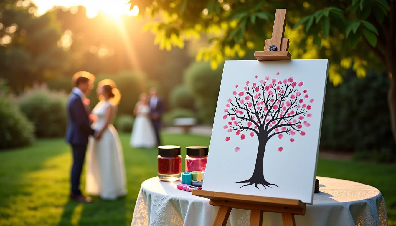 Soleil éclair les mariés en fond au premier plan un chevalet avec un tableau d'un arbre coloré
