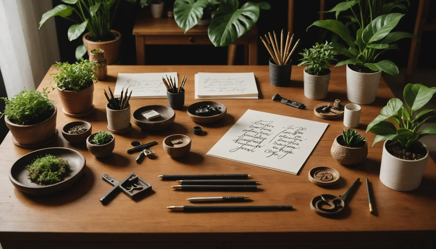 Bureau marron avec des plantes vertes