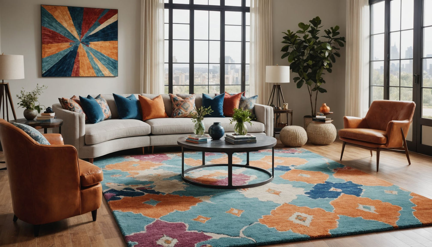 Vue d'un salon avec un grand tapis coloré au sol
