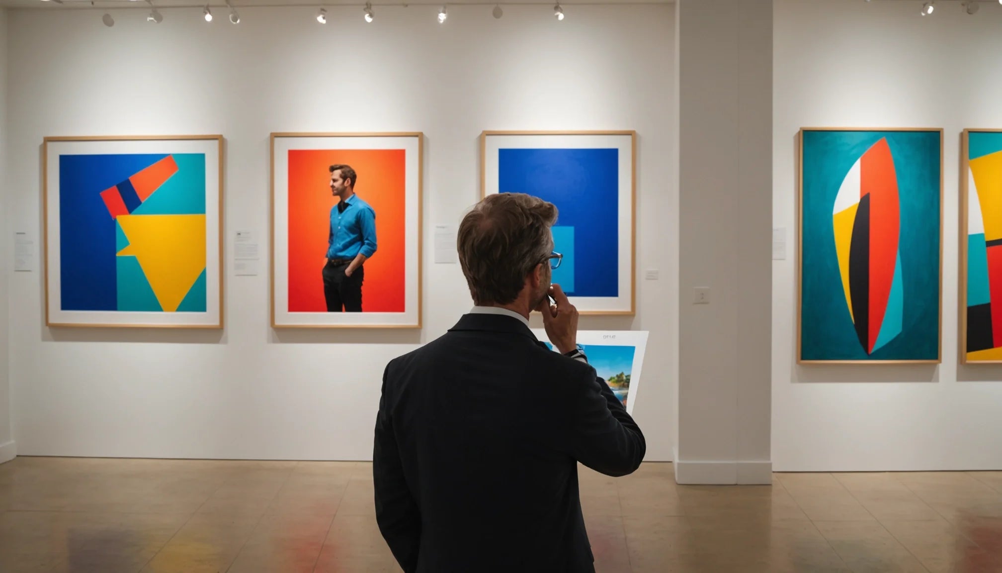 Homme bien habillé regarde des tableaux dans une galerie d'art
